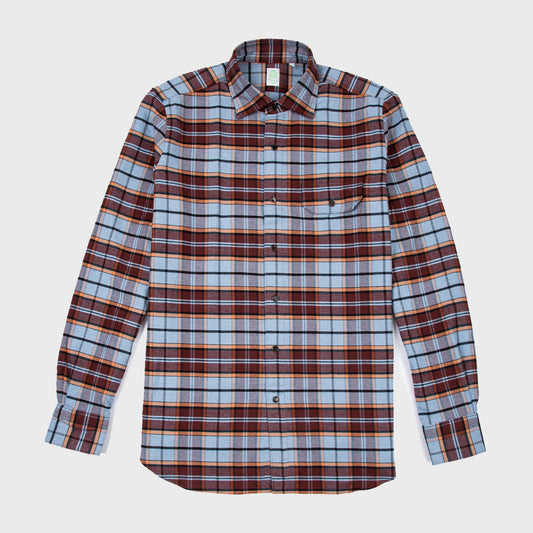 Large Check Cotton Wool Flannel Shirt - Rust/Blue/Orange