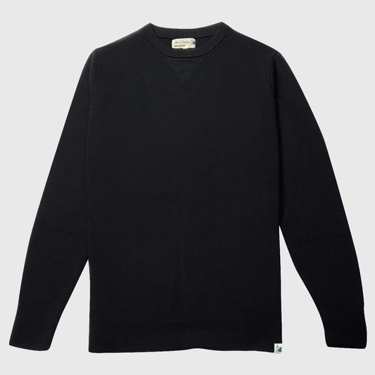 Merino Wool Ribbed Classic Fit Crewneck Sweater - Deep Black