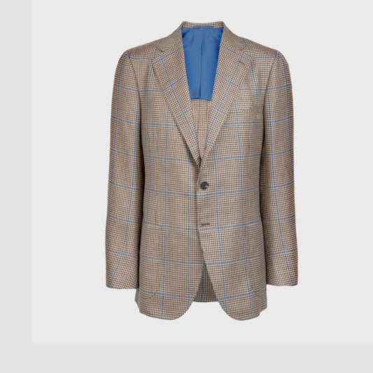 Brown, Creme and Blue Cashmere, Silk, Linen Overcheck Jacket
