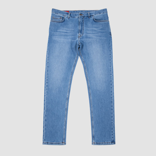 Denim Slim Straight Jeans w/Whiskers - Light Blue