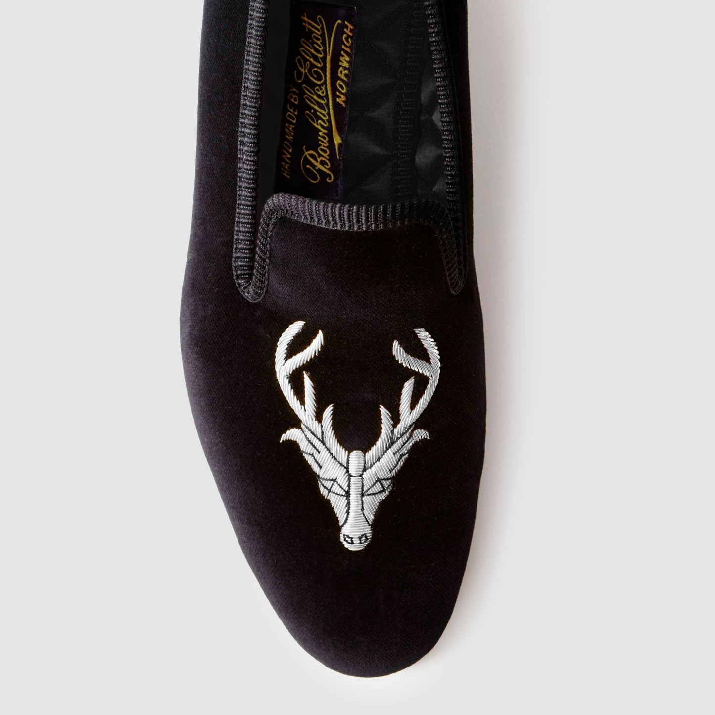 Black Velvet Embroidered Albert Slipper for Silver Deer with Siver Stags Head