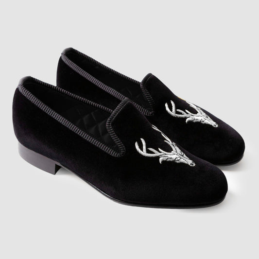 Black Velvet Embroidered Albert Slipper for Silver Deer with Siver Stags Head